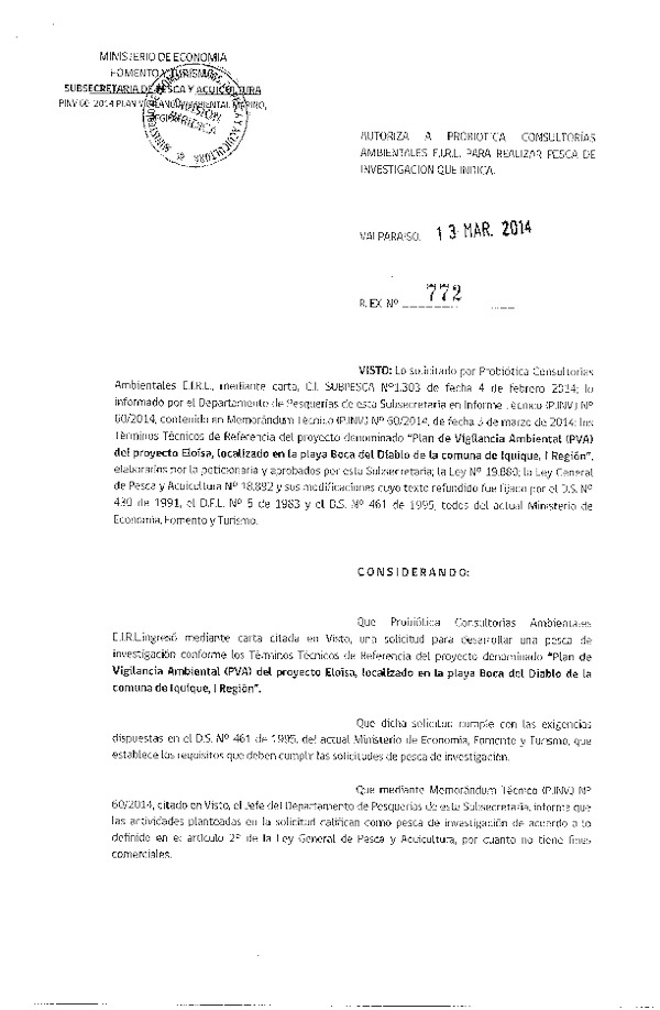 R EX N° 772-2014 Plan de vigilancia ambiental (PVA), playa Boca del Diablo de la comuna de Iquique.