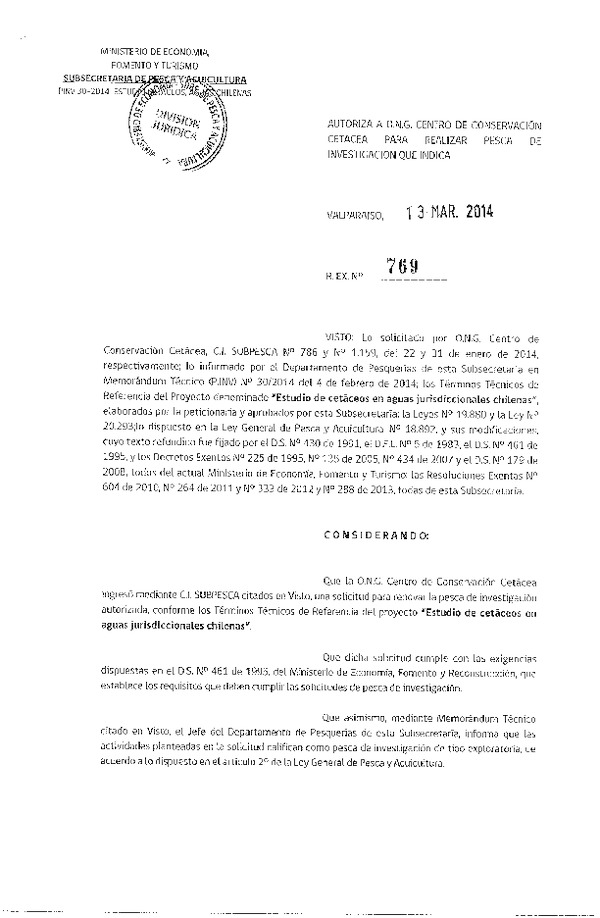 R EX N° 769-2014 Estudio de cetáceos en aguas jurisdiccionales chilenas.