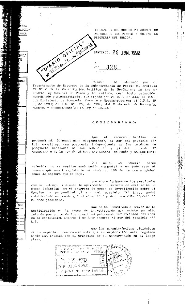 D.S. N° 328-92 Declara en Régimen de Pesquerías en Desarrollo Incipiente a Unidad de Pesquería Bacalao de profundidad.