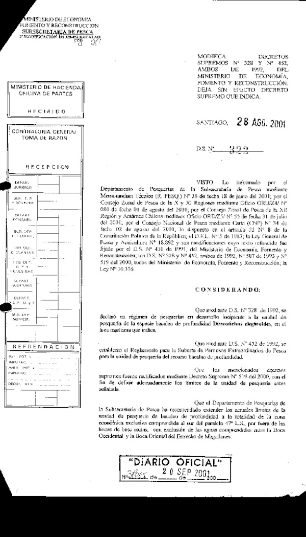 D.S.N° 322-01 Modifica Decretos Nº 328 y Nº 452, am,bos de 1992 y deja sin efecto Decreto Nº 519-2000.