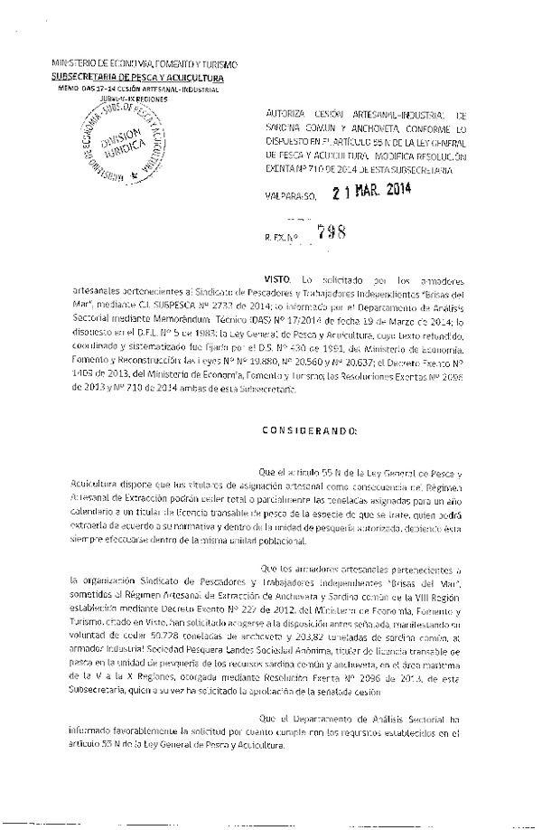R EX N° 798-2014 Autoriza Cesión recurso Jurel V-IX Región.