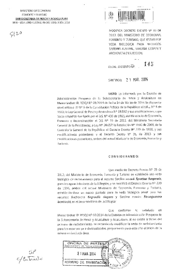 D EX N° 145-2014 Modifica D EX N° 35-2013 Veda Biológica recursos Sardina Austral, Sardina cimún y Anchoveta, X Región. (F.D.O. 27-03-2014)