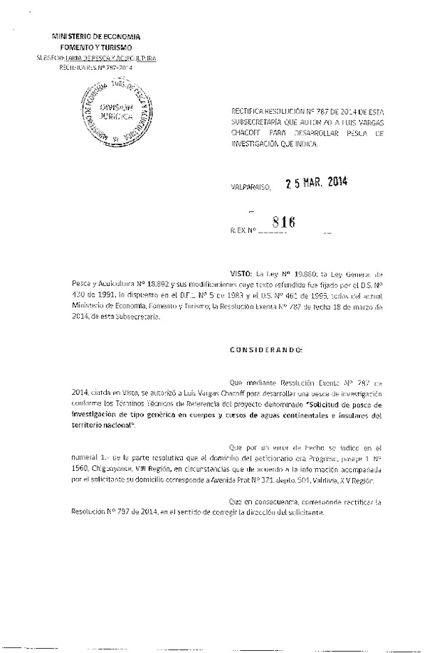 R EX N° 816-2014 Rectifica R EX N° 787-2014 Solicitud Pesca de investigación tipo genérica.