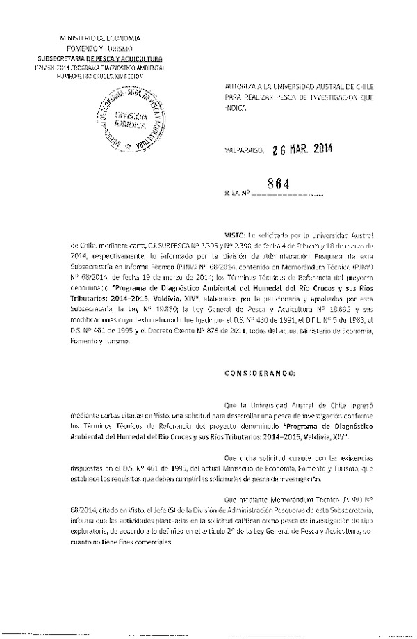 R EX N° 864-2014 Programa de Diagnóstico Ambiental del Humedal del Río Cruces y sus Ríos Tributarios:2014-2015, Valdivia, XIV Región.