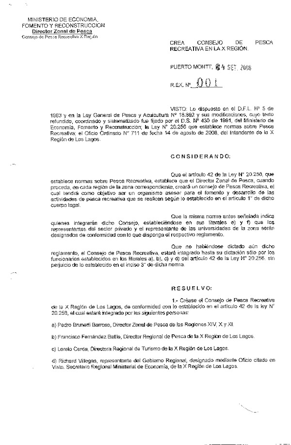 R EX N° 1-2008 Crea Consjo de Pesca Recreativa en la X Región.