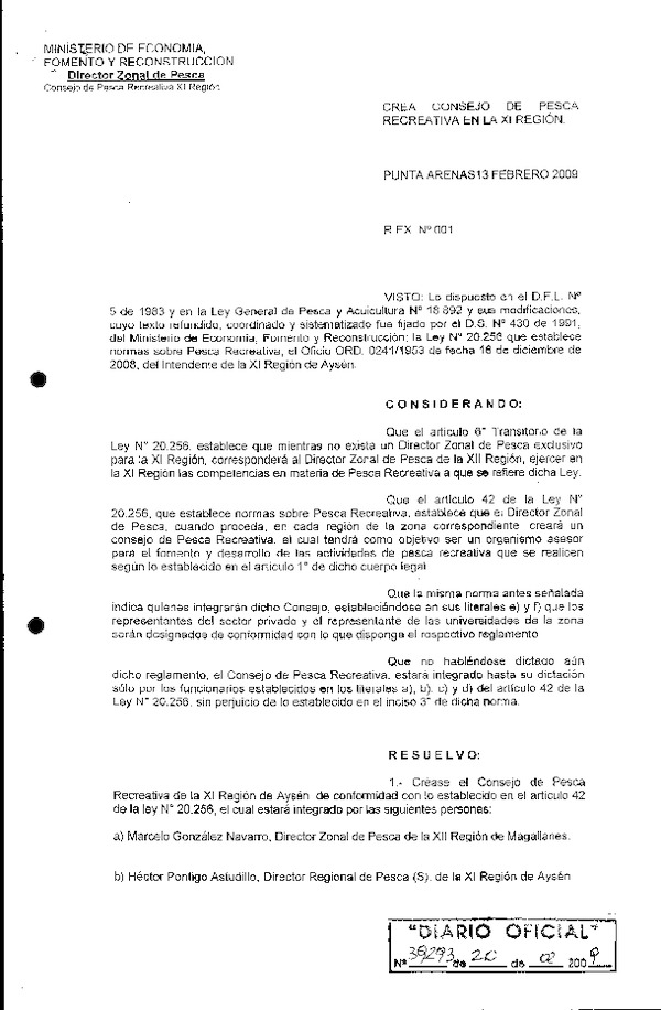 R EX N° 1-2009 Crea Consejo de Pesca Recreativa en la XI Región.