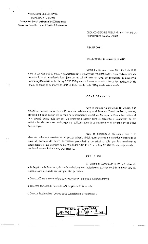 R EX N° 1-2011 Crea Consejo de Pesca Recreativa de la IX Región.