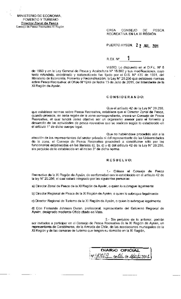 R EX N° 1-2011 Crea Consejo de Pesca Recreativa en la XI Región.