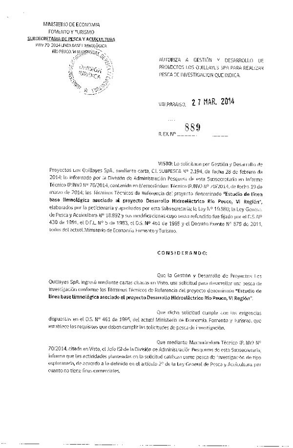 R EX N° 889-2014 Estudio línea base limnológica, Río Peuco, IV Región.
