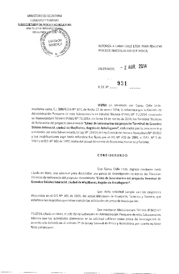 R EX N° 931-2014 Estudio línea base marina proyecto terminal de Graneles Sólidos Interacid, Mejillones, Región de Antofagsta.