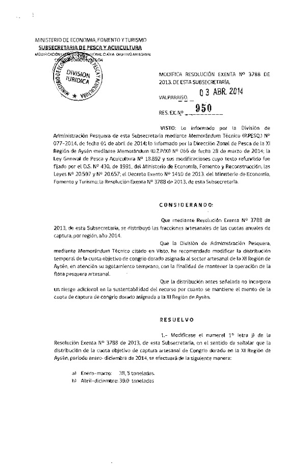 R EX N° 950-2014 Modifica R EX Nº 3788-2013 Establece Distribución de las Fracciones Artesanales de las Cuotas Anuales de Captura por Región, Año 2014.