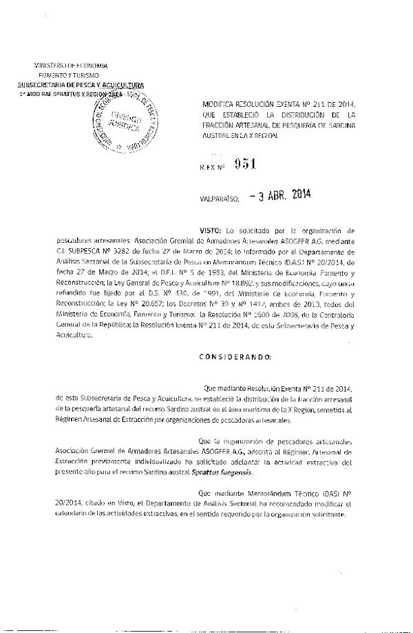 R EX N° 951-2014 Modifica R EX Nº 211 Distribución de la fracción artesanal de pesquería de Sardina austral en la X Region.