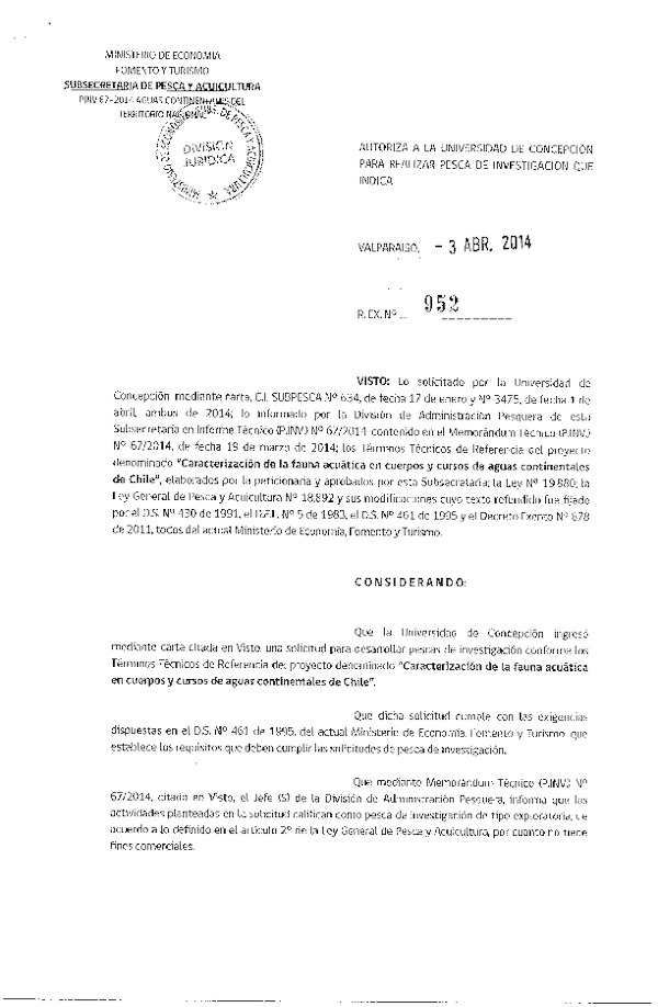 R EX N° 952-2014 Caracterización de la fauna acuática en cuerpos y cursos de aguas continentales de Chile.