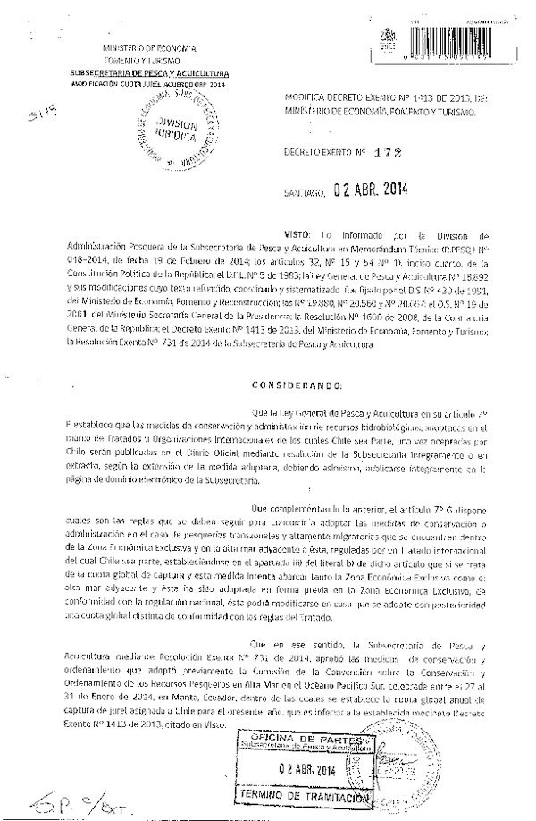 D EX N° 172-2014 Modifica D EX Nº 1413-2013 Establece cuota de captura de jurel XV-X. (Fecha Pub. Web. 04-04-2014)