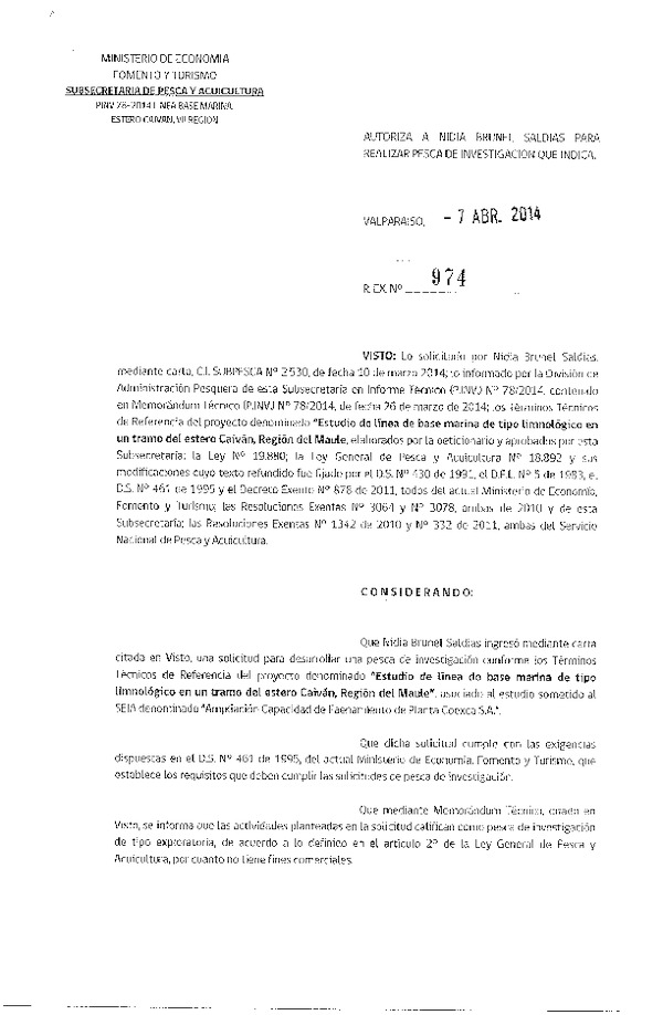 R EX N° 974-2014 Estudio línea base marina de tipo limnológico, estero Caiván, Región del Maule.