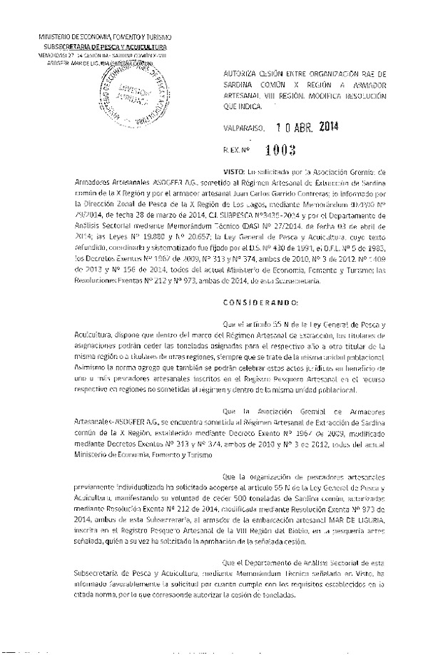 R EX N° 1003-2014 Autoriza Cesión Sardina común, X a VIII Región.
