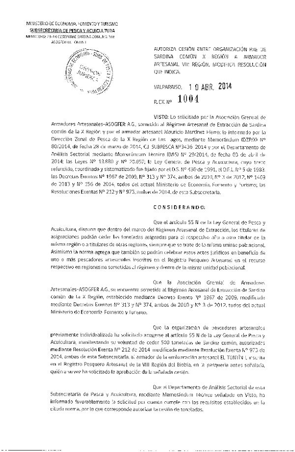 R EX N° 1004-2014 Autoriza Cesión Sardina común, X a VIII Región.