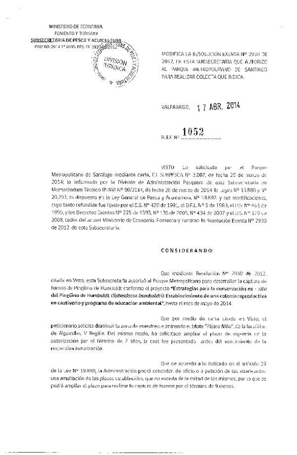 R EX N° 1052-2014 Modiifca R Nº 2930-2012, Estrategias para la conservación ex-situ del Pingüino de Humboltdt.