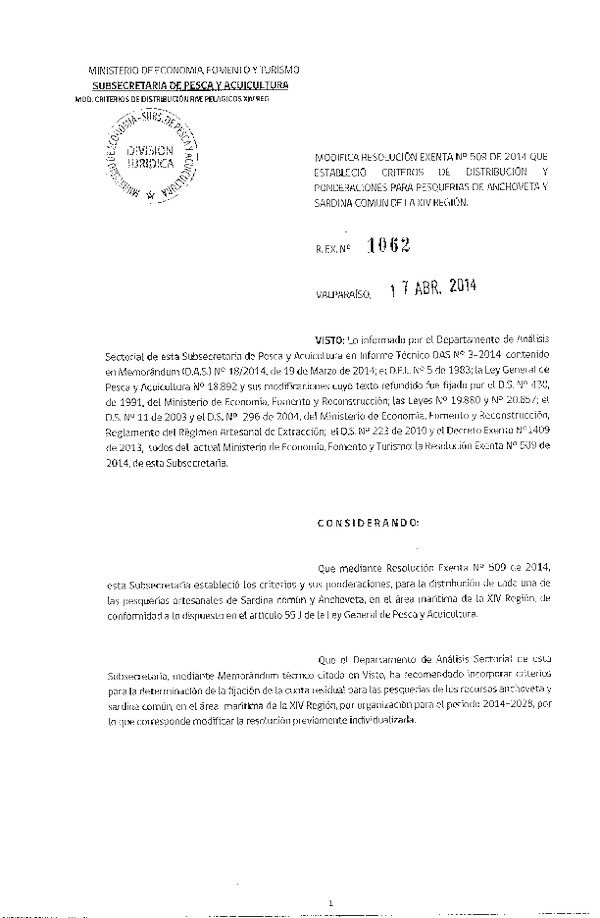 R EX N° 1062-2014 Modifica R EX Nº 524-2014 Modifica R EX Nº 3115-2013 Establece Nómina Nacional de Pesquerías Artesanales de conformidad con lo dispuesto en el artículo 50 A, de la Ley General de Pesca y Acuicultura. (Subida a Pag. Web. 21-04-2014)