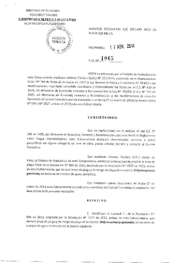 R EX Nº 1065-2014 Modifica R EX Nº 996-2013 que Declara {area de Plaga.(Subida a Pag, Web. 21-04-2014)