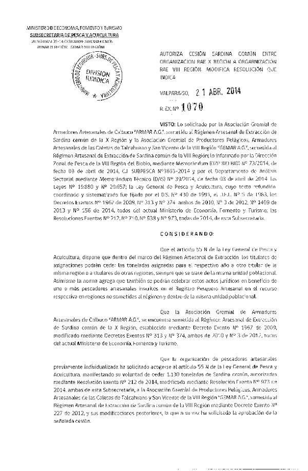 R EX N° 1070-2014 Autoriza Cesión Sardina común, X a VIII Región.