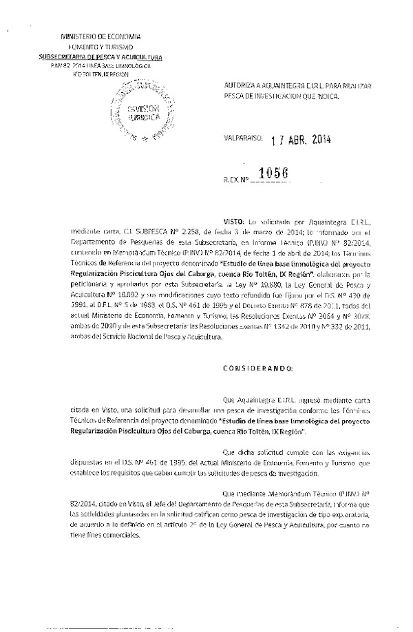 R EX N° 1056-2014 Estudio Línea base limnológica Río Toltén, IX Región.