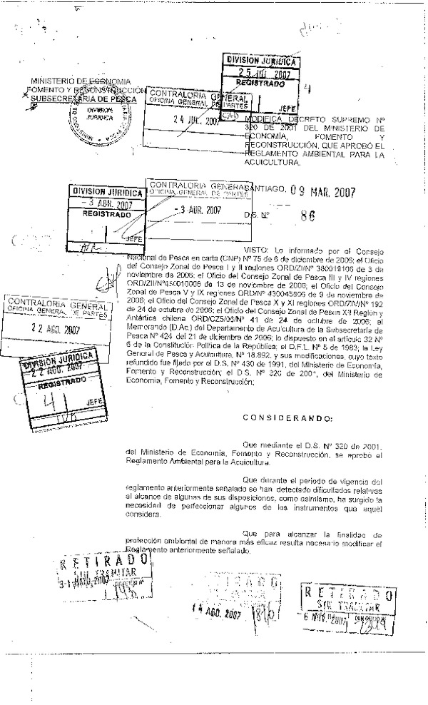 D.S. N° 86-2007 Modifica D.S. N° 320-2001 Reglamento Ambiental para la Acuicultura.