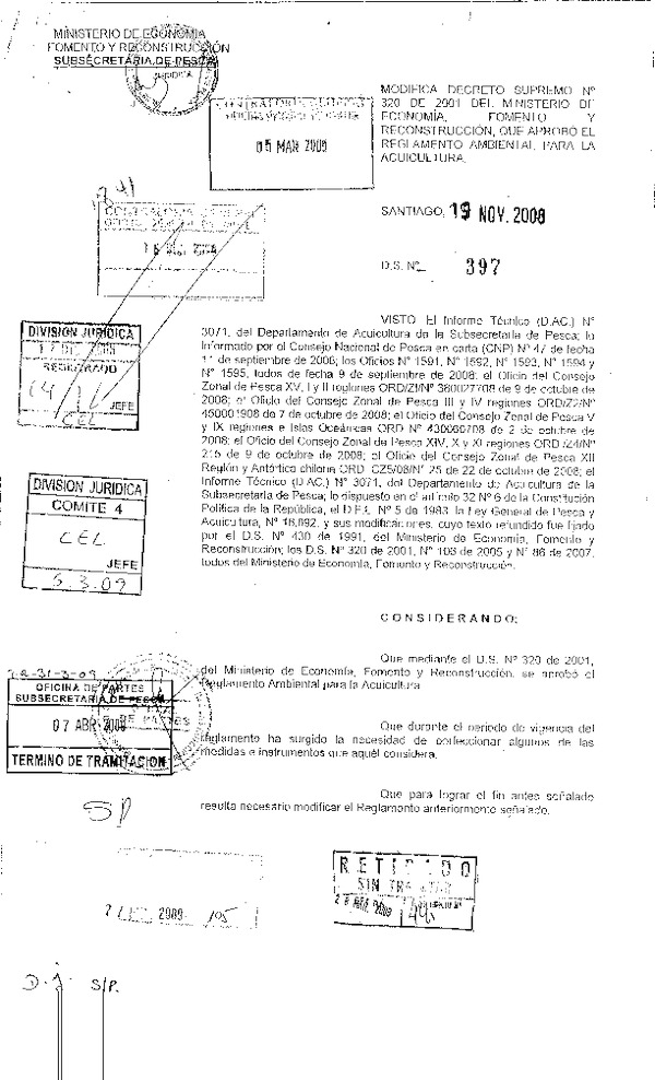 D.S. N° 397-2008 Modifica D.S. N° 320-2001 Reglamento Ambiental para la Acuicultura.