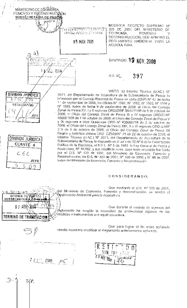 D.S. N° 397-2008 Modifica D.S. N° 320-2001 Reglamento Ambiental para la Acuicultura.