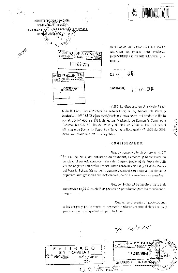 D.S. N° 36-2014 Declara Vacante Cargos en Consejo Nacional de Pesca. Abre período Extraordinario de Postulación que Indica. (F.D.O. 25-04-2014)