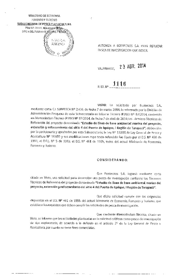 R EX N° 1116-2014 Estudio de línea de base ambiental marina del proyecto, extensión y reforzamiento del sitio 4 del Puerto d Iquique, I Región de Tarapacá.