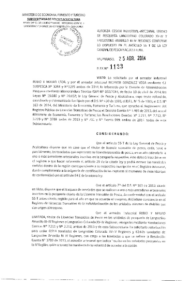 R EX N° 1123-2014 Autoriza Cesión Recursos Langostino Colorado y Langostino Amarillo, XV-IV Y III-IV Región.