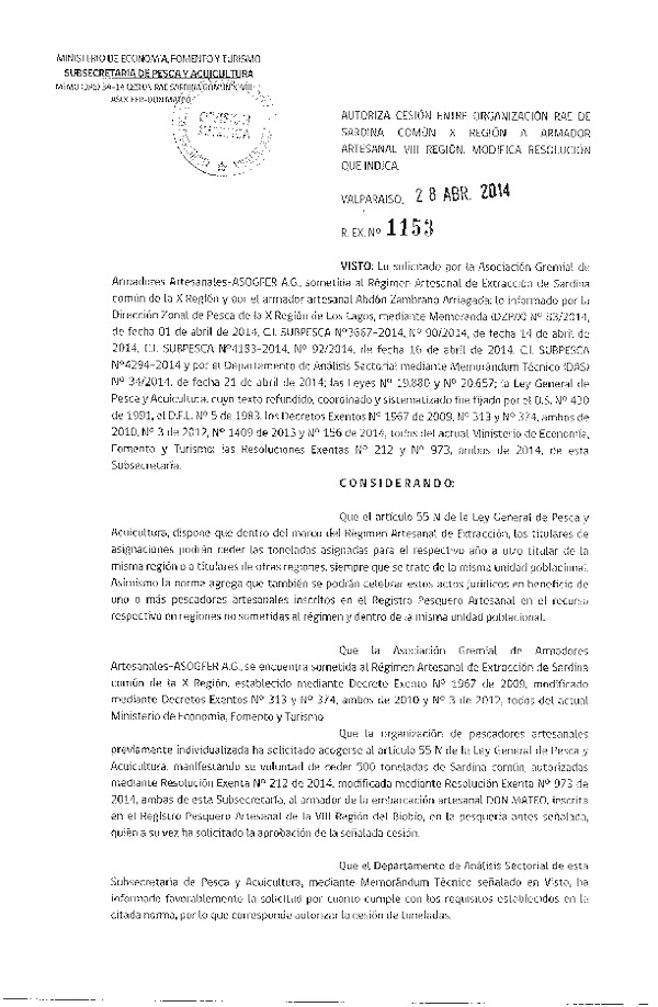 R EX N° 1153-2014 Autoriza Cesión Sardina común, X a VIII Región.