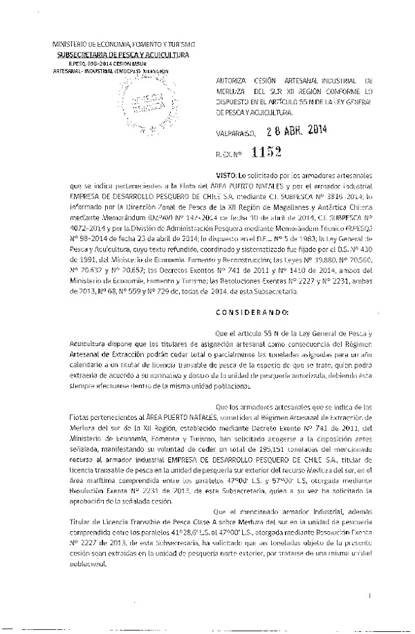 R EX N° 1152-2014 Autoriza Cesión Recurso Merluza del sur XII Región