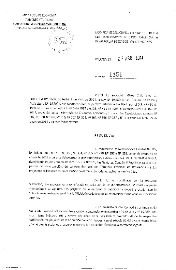 R EX N° 1151-2014 Modifica R EX N° 307, 308, 309, 353, 354, 355, 356, 357 y 358, todas de 2014.