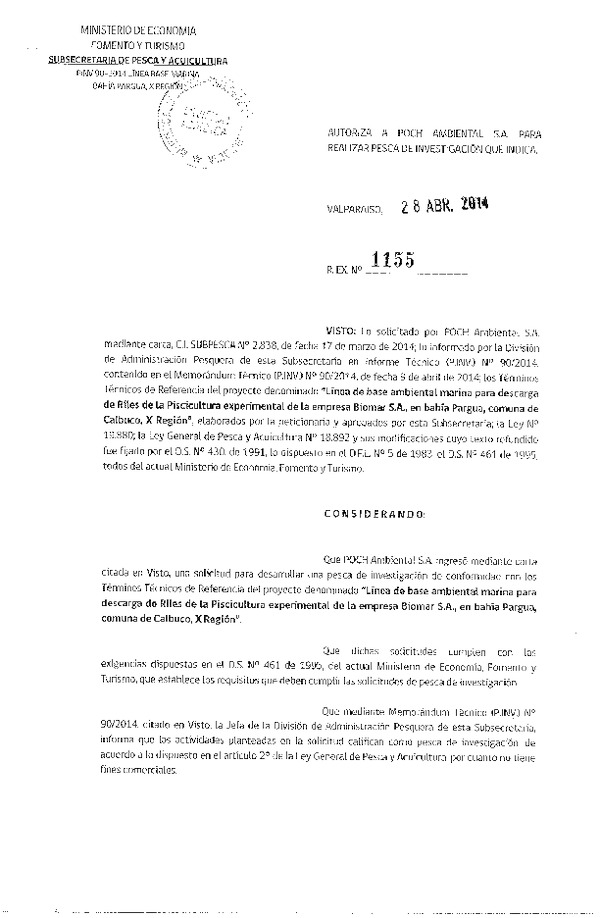 R EX N° 1155-2014 Línea base ambiental marina para descarga de Riles de la Piscicultura experimental de la empresa Biomar S.A. en Bahía Pargua, comuna de Calbuco, X Región.