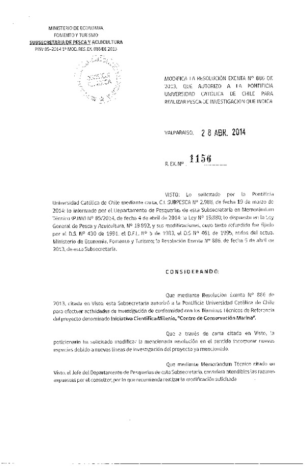R EX N° 1156-2014 Modifica R EX N° 886-2013 Iniciativa Científica Milenio.