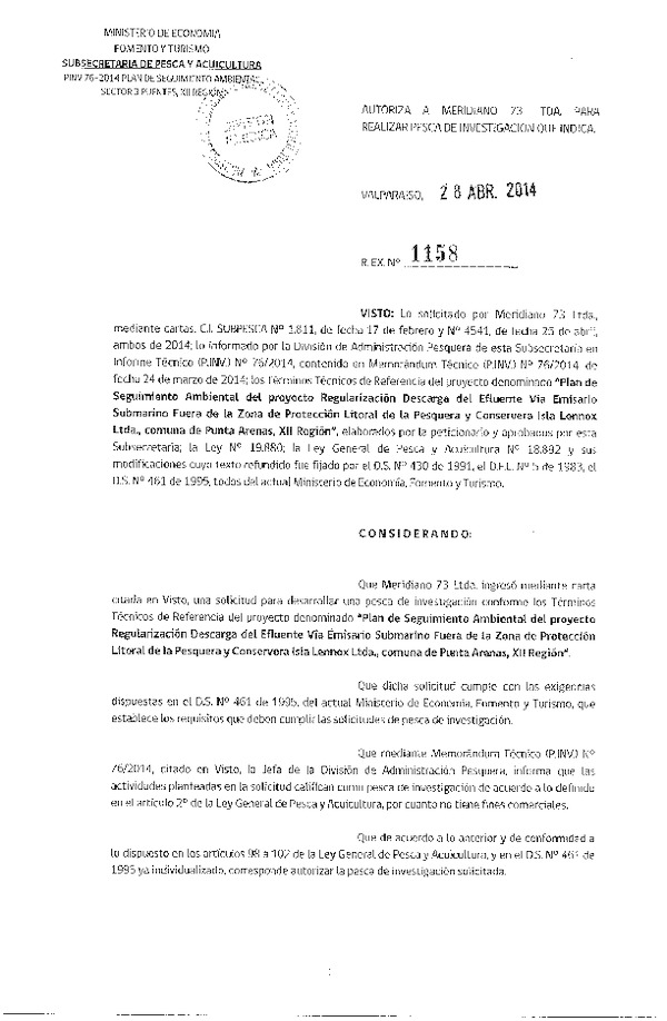 R EX N° 1158-2014 Plan de seguimiento ambiental proyecto Regularización descarga del Efluente Vía Emisario Submarino, XII Región.