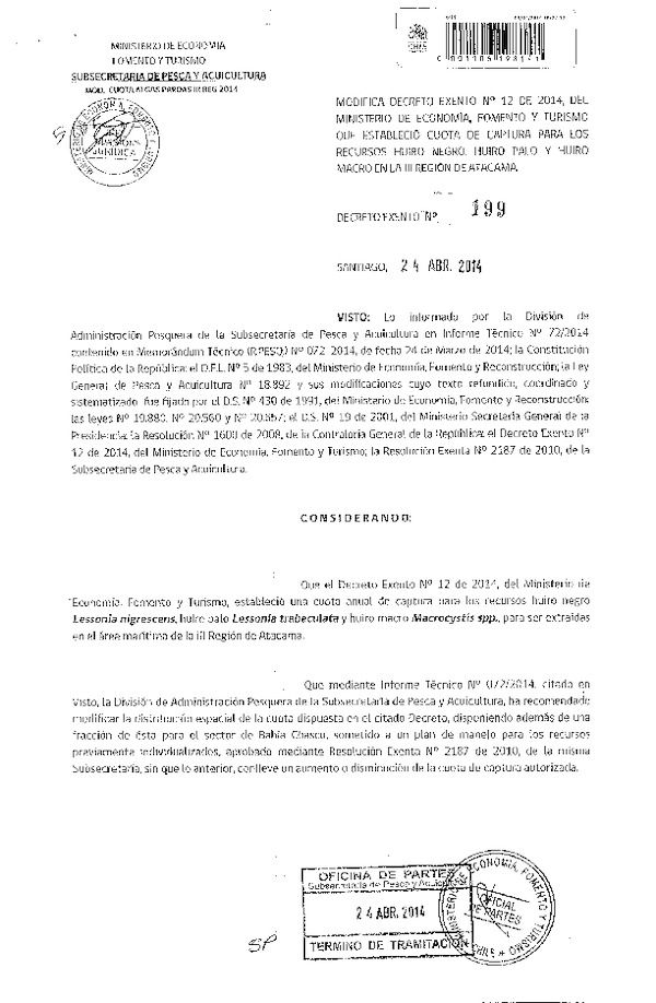 D EX N° 199-2014 Modifica D EX N° 12-2014 Establece Cuota de Captura recursos Huiro negro, huiro palo y huiro macro, en la III Región de Atacama. (F.D.O. 30-04-2014)