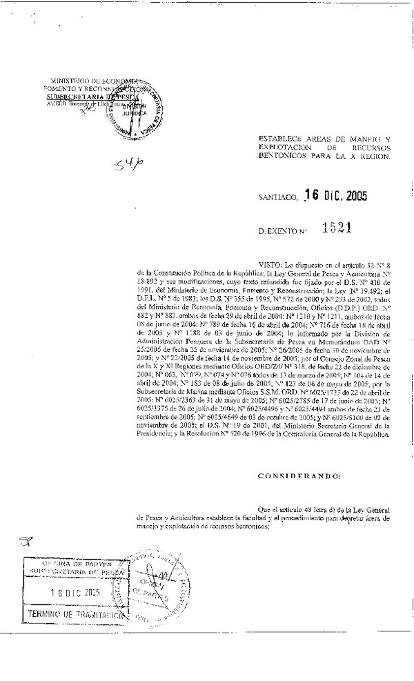 D EX N° 1521-2005 ESTABLECE AREAS DE MANEJO PARA LA X REGION.