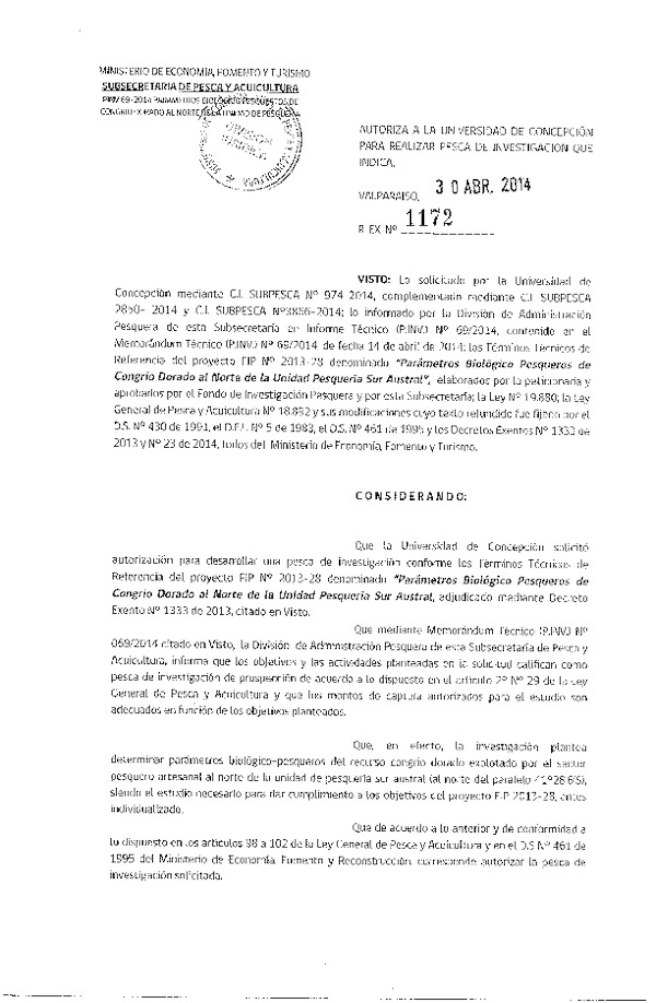 R EX N° 1172-2014 Psrámetros Biológico Pesqueros de Congrio Dorado, al Norte de la Unidad Pesquería Sur Austral.