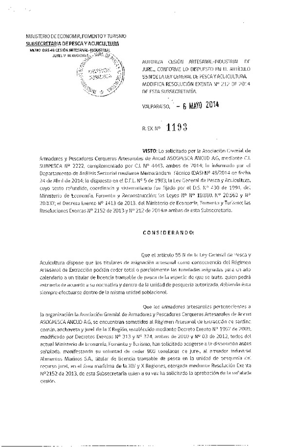 R EX N° 1193-2014 Autoriza Cesión recurso Jurel V-IX Región.