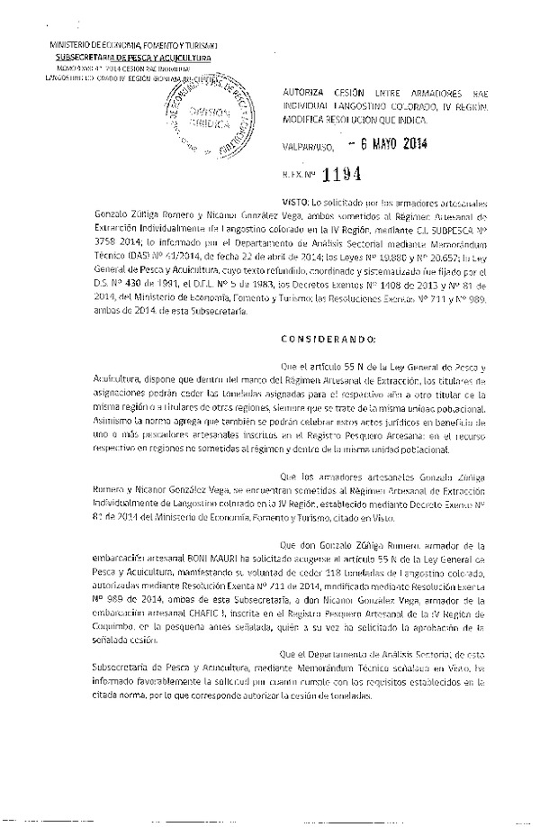 R EX N° 1194-2014 Autoriza Cesión Langostino Colorado, IV Región.