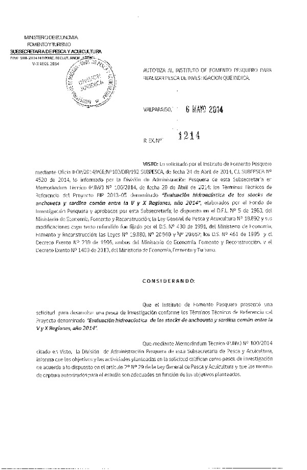 R EX Nº 1214-2014 Evaluación Hidroacústica de los Stocks de Anchoveta y Sardina común entre la V y X Regiones año 2014.