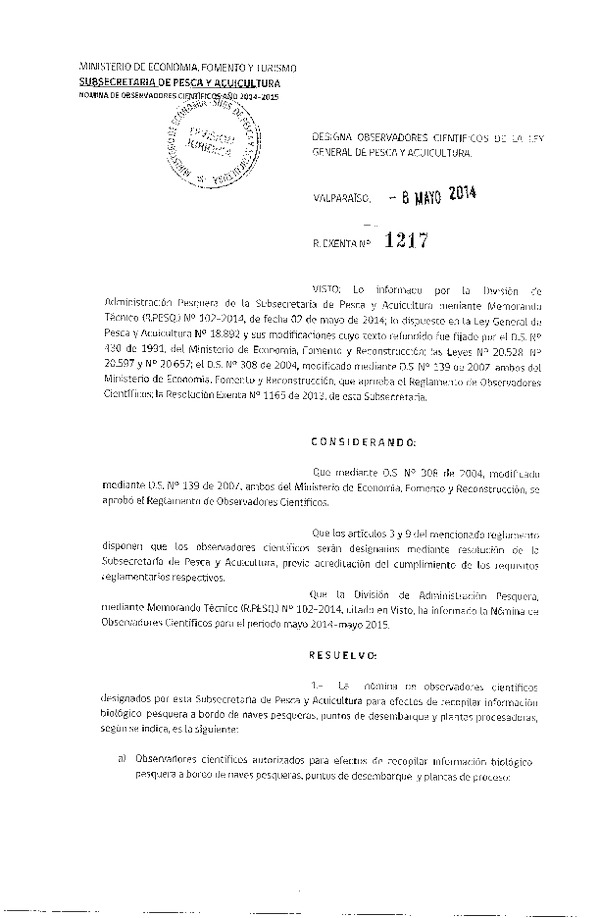 R EX Nº 1217-2014 Designa Observadores Científicos de la Ley General de Pesca y Acuicultura Año 2014-2015. (Subida a Pág. Web 08-05-2014)