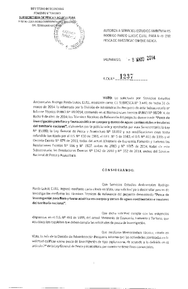 R EX N° 1237-2014 Pesca de investigación para flora y fauna acuática en cuerpos y cursos de aguas continentales e insulares del rerritorio nacional.