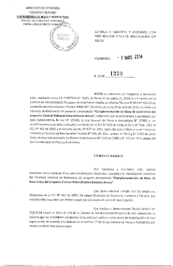 R EX N° 1239-2014 Complementación de línea de base íctica del proyecto Central Hidroeléctrica Embalse Ancoa VII Región.