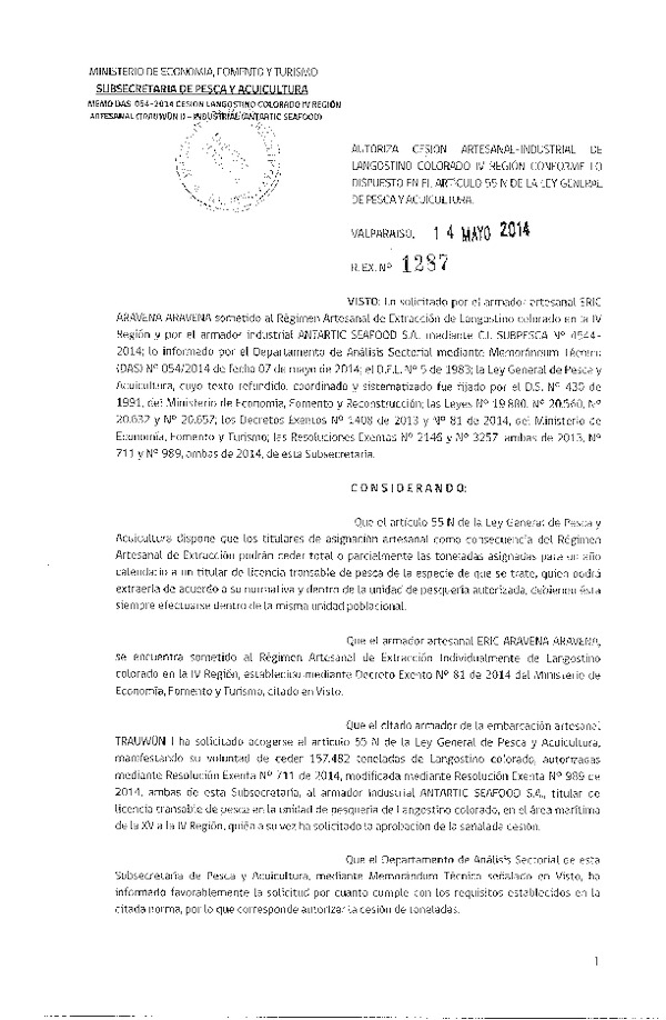 R EX Nº 1287-2014 Autoriza Cesión Recurso Langostino colorado IV Región.