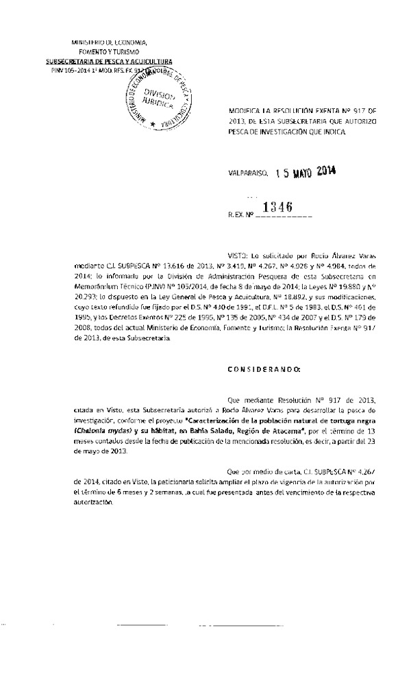 R EX N° 1346-2014 Modifica R EX N° 917-2013 Caracterización de la población natural de tortuga negra y su hábitat, en Bahía Salado, Región de Atacama.