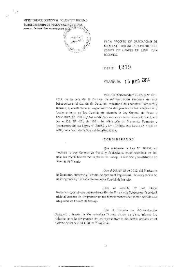 R EX N° 1279-2014 Inicia proceso de Designación de Miembros Titulares y suplentes del Comité de manejo de Jurel XV-X Región. (F.D.O. 19-05-2014)